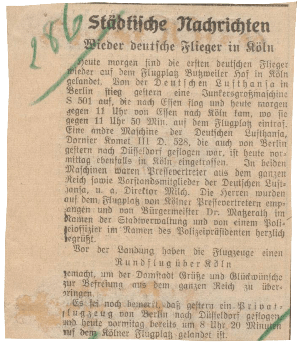 Zeitungsartikel Eröffnung Flughafen Köln Butzweilerhof 1926 