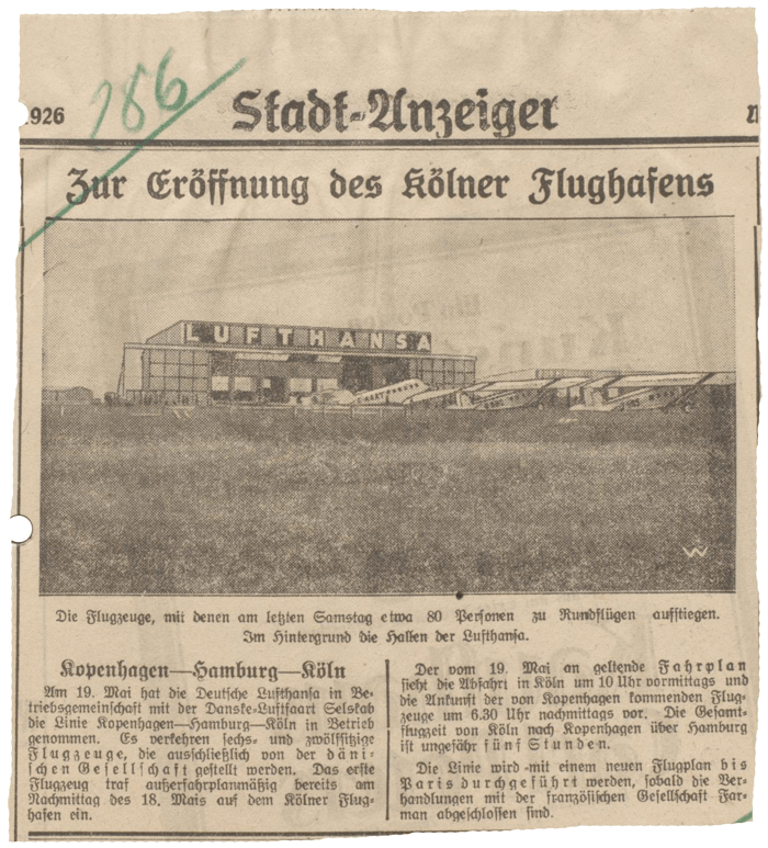 Zeitungsartikel Eröffnung  Flughafen Köln Butzweilerhof 1926 