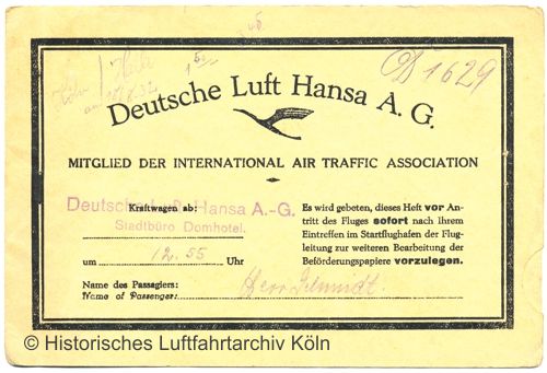 Flugticket der Lufthansa Flughafen Köln Butzweilerhof 1926