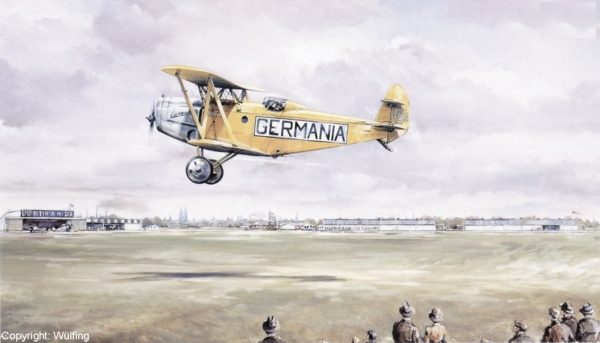 Abflug der Caspar C 32 Germania von Otto Könnecke vom Flughafen Köln Butzweilerhof am 20.09. 1929 gemalt vom Kölner Maler Friedl Wülfing