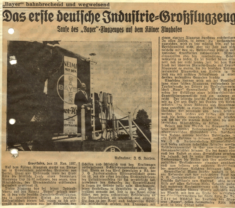 Bergische Post 18.11.1937 Das erste deutsche Industrieflugzeug
