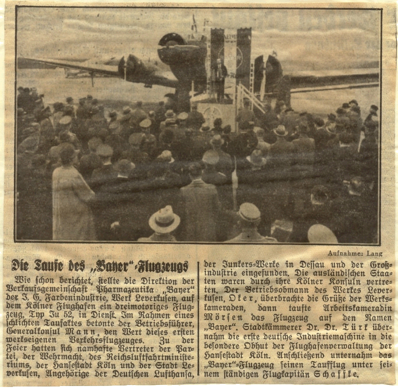 Westdeutscher Beobachter 18.11.1937  Die Taufe des Bayer-Flugzeugs